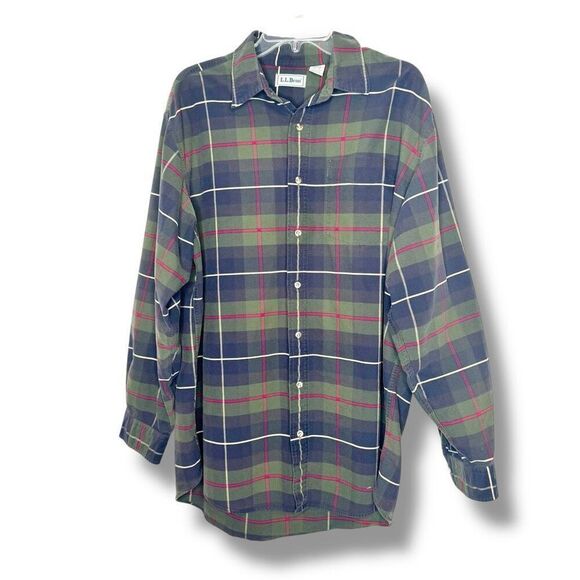 L.L.Bean ODM XL Tall Men’s Green Navy Plaid Button Down Shirt Vintage Classic 90 - Picture 2 of 6